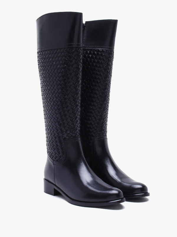 Solar Black Leather Woven Knee Boots