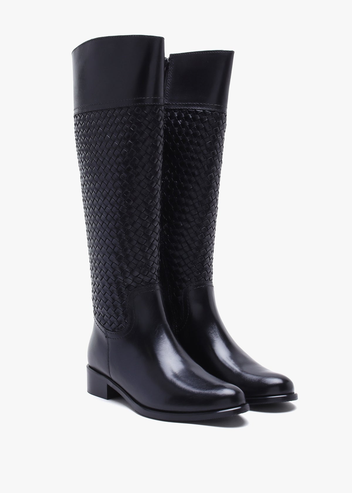 Solar Black Leather Woven Knee Boots
