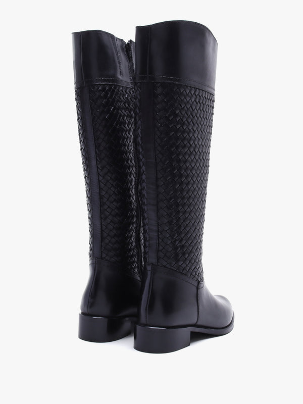 Solar Black Leather Woven Knee Boots