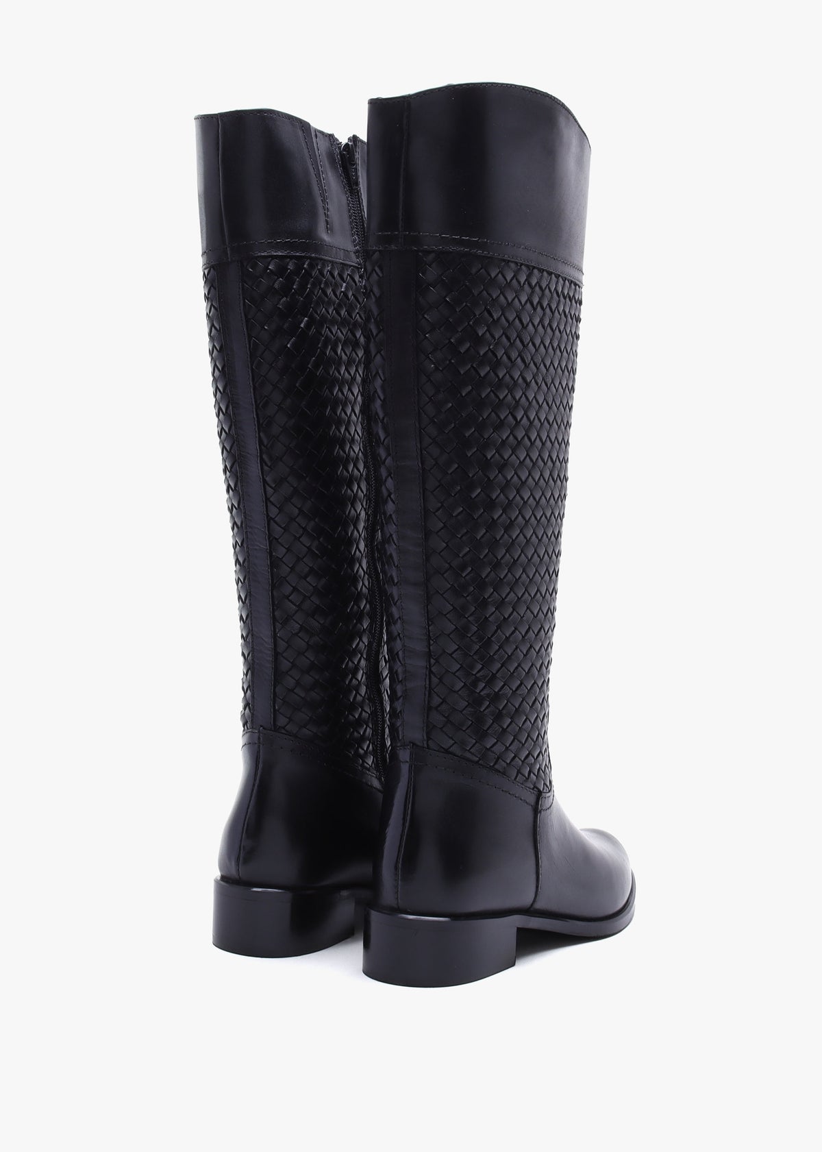 Solar Black Leather Woven Knee Boots