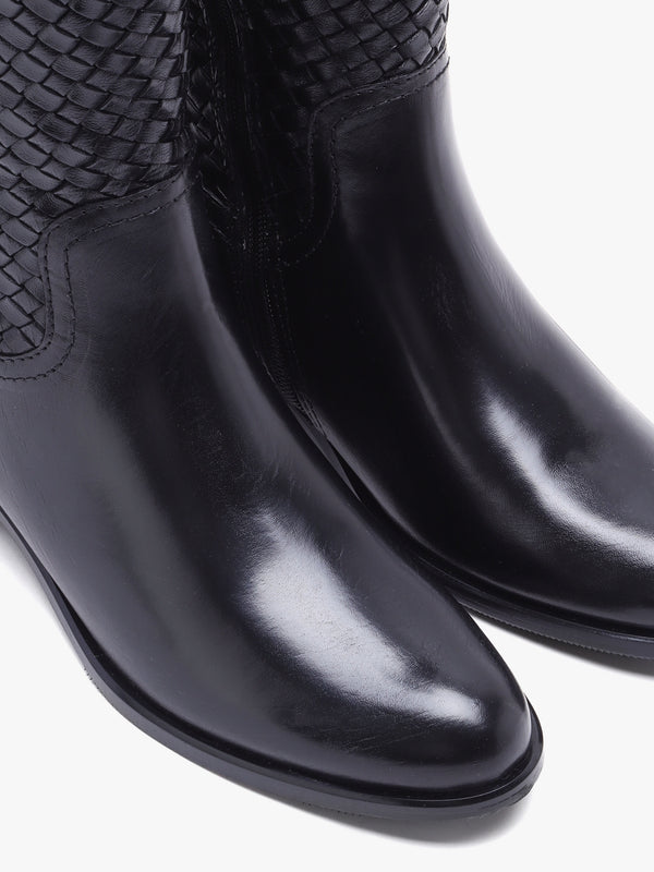 Solar Black Leather Woven Knee Boots