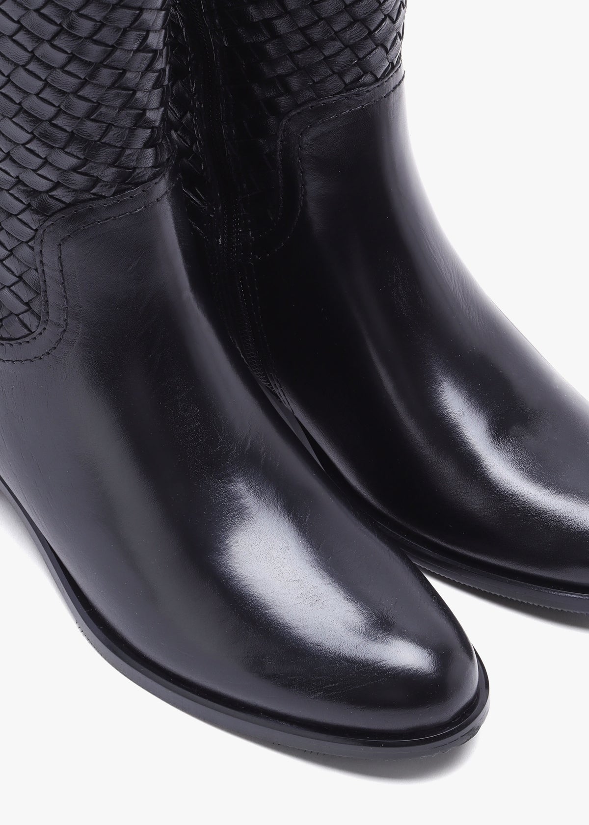 Solar Black Leather Woven Knee Boots