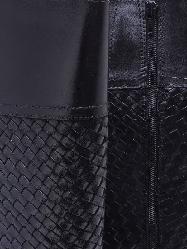 Solar Black Leather Woven Knee Boots