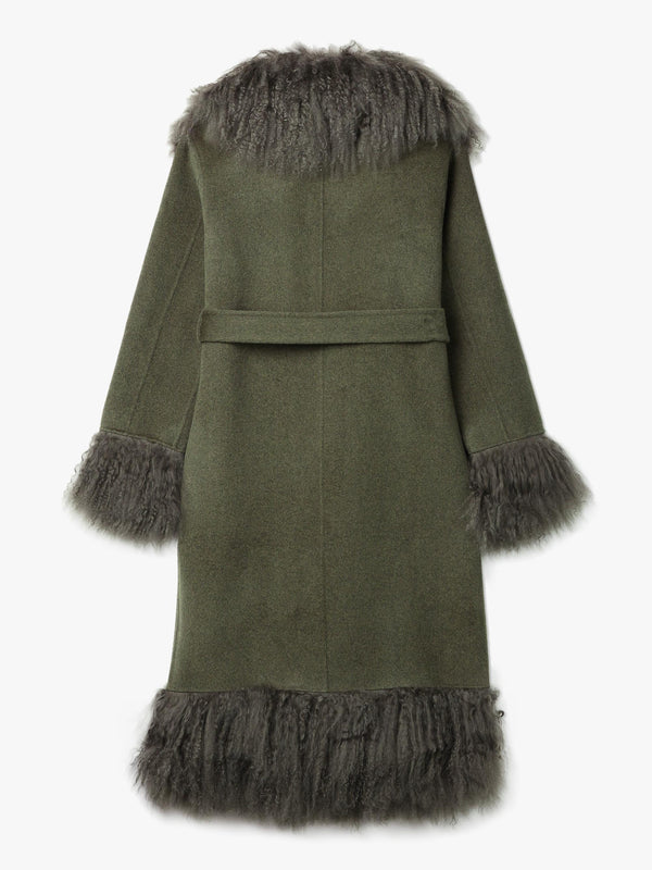 Harlow Khaki Flecked Wool Mongolian Lambswool Long-Line Coat