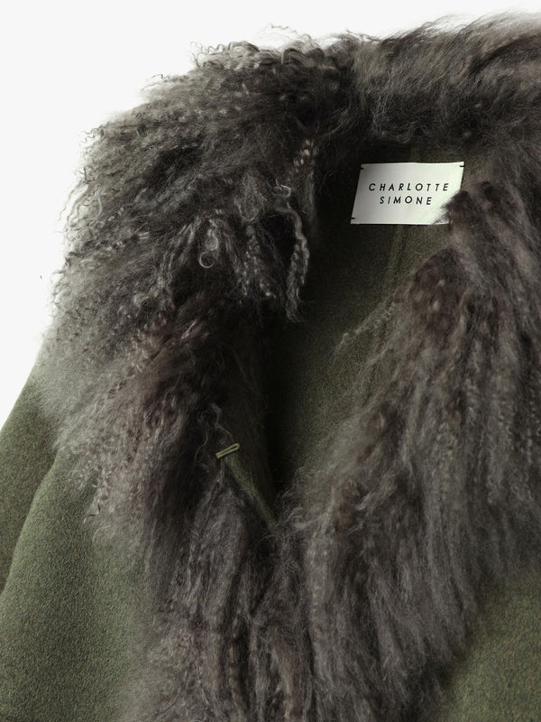 Harlow Khaki Flecked Wool Mongolian Lambswool Long-Line Coat