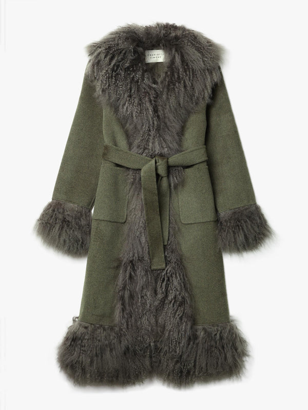 Harlow Khaki Flecked Wool Mongolian Lambswool Long-Line Coat