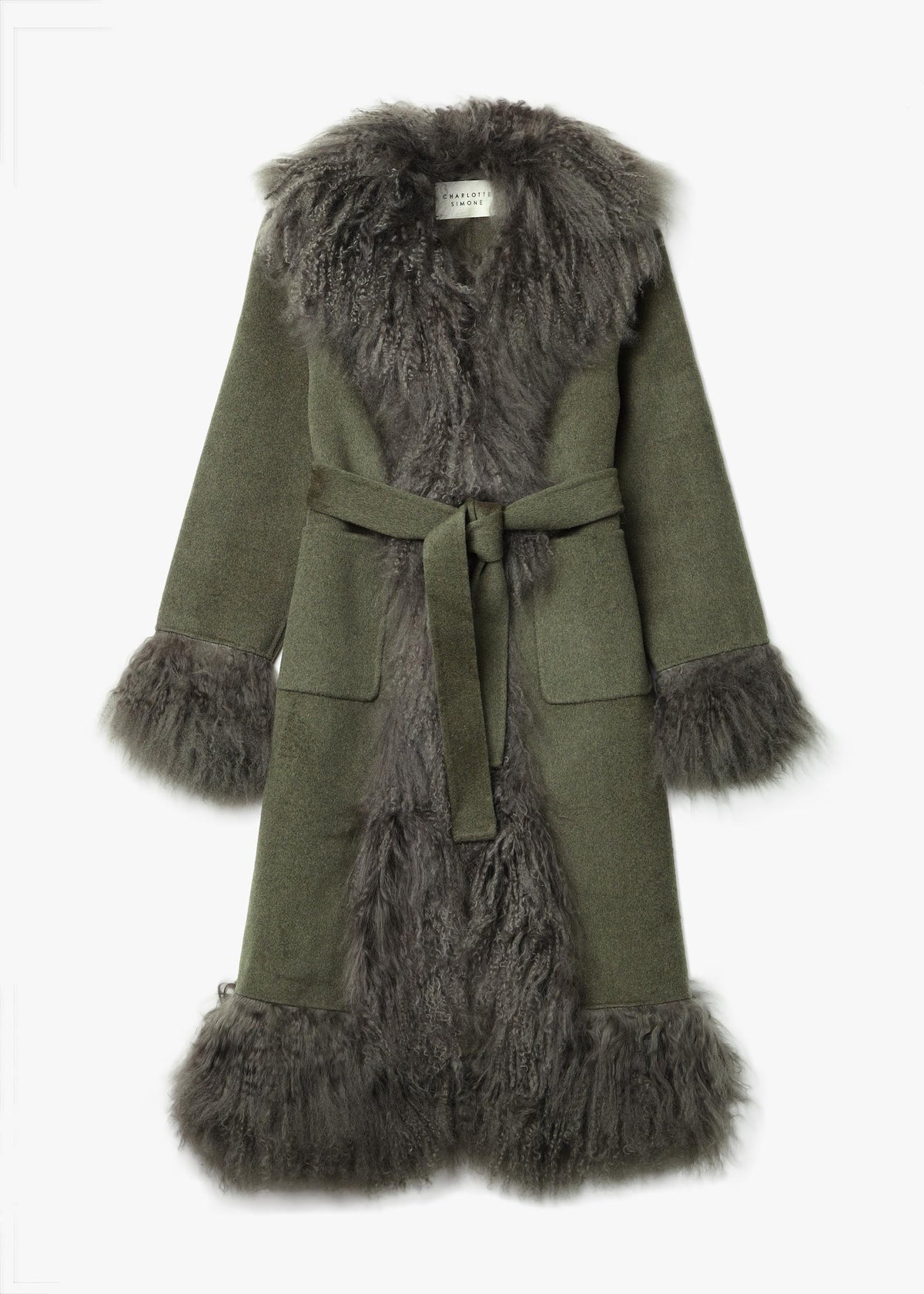 Harlow Khaki Flecked Wool Mongolian Lambswool Long-Line Coat