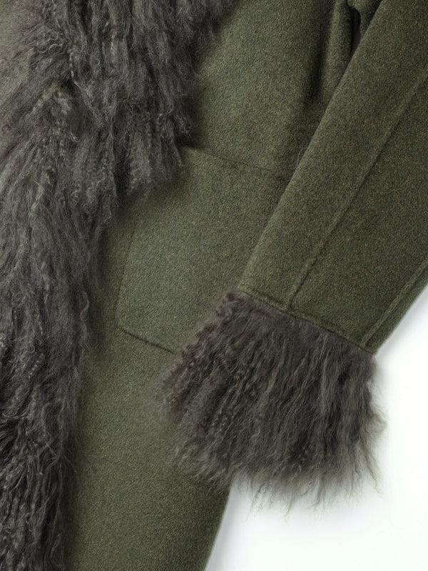 Harlow Khaki Flecked Wool Mongolian Lambswool Long-Line Coat
