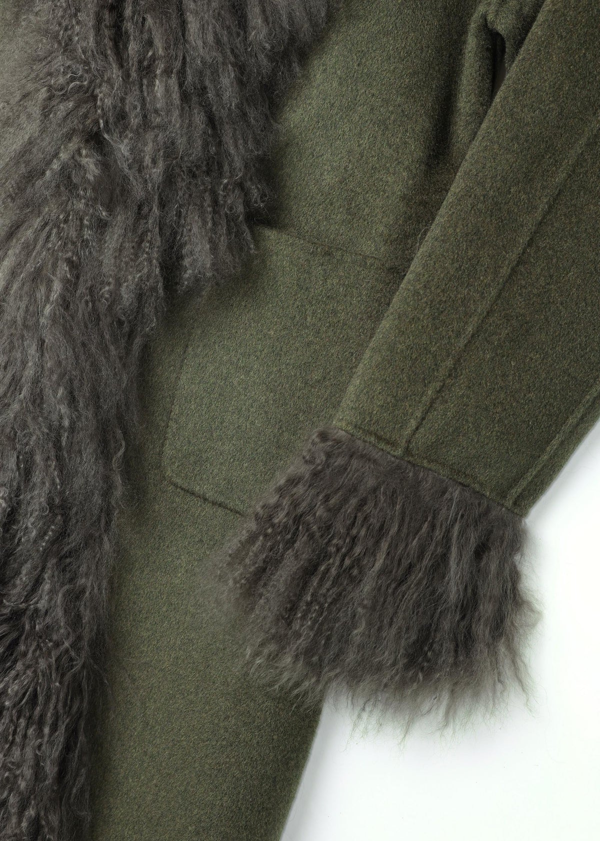 Harlow Khaki Flecked Wool Mongolian Lambswool Long-Line Coat