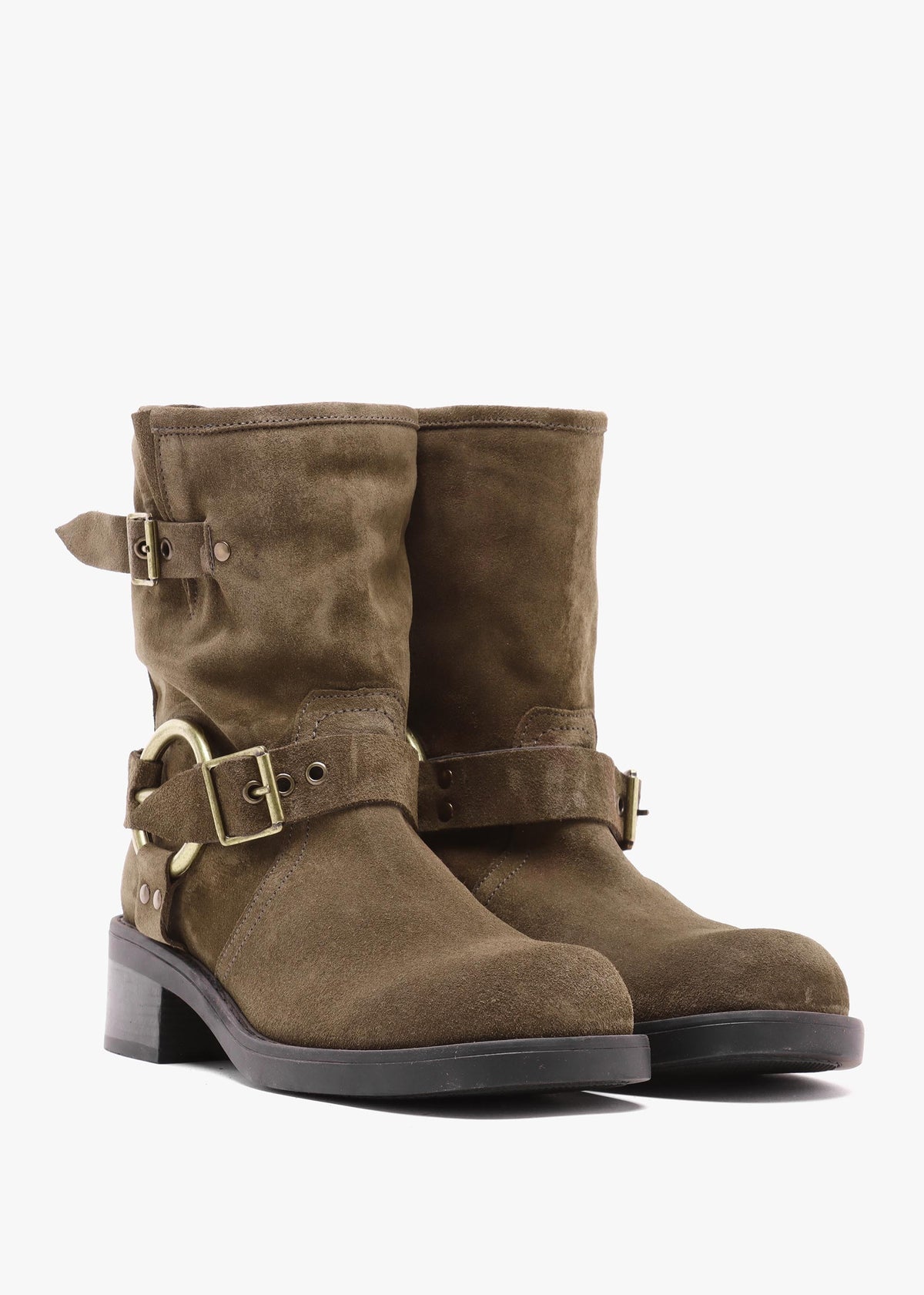 Ibike Khaki Suede Chunky Biker Boots