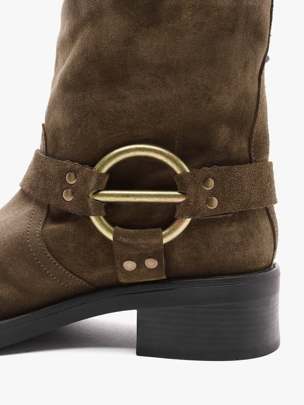 Ibike Khaki Suede Chunky Biker Boots