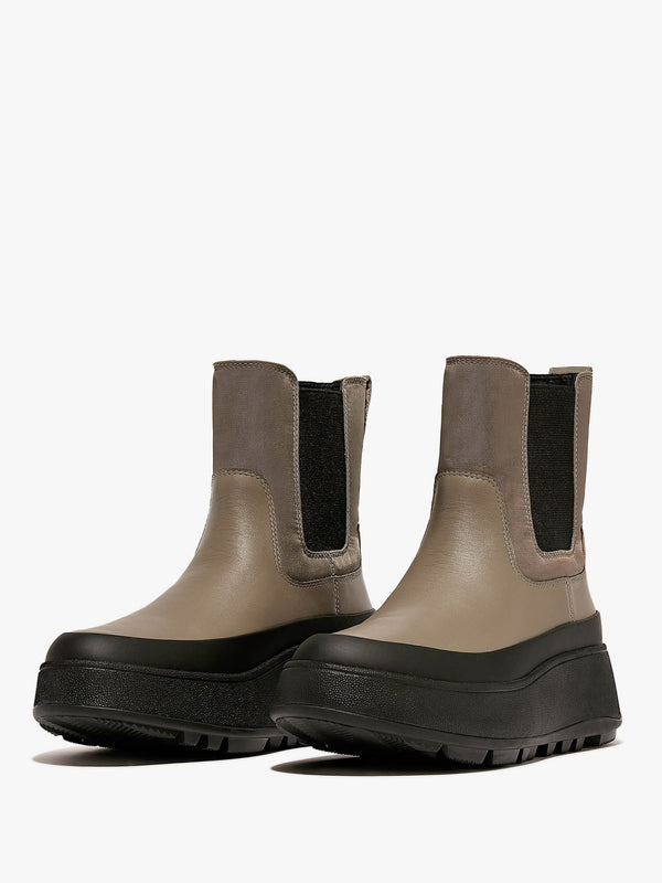 F-Mode Water-Resistant Minky Grey Fabric & Leather Flatform Chelsea Boots