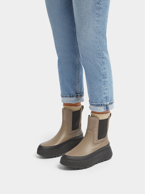 F-Mode Water-Resistant Minky Grey Fabric & Leather Flatform Chelsea Boots