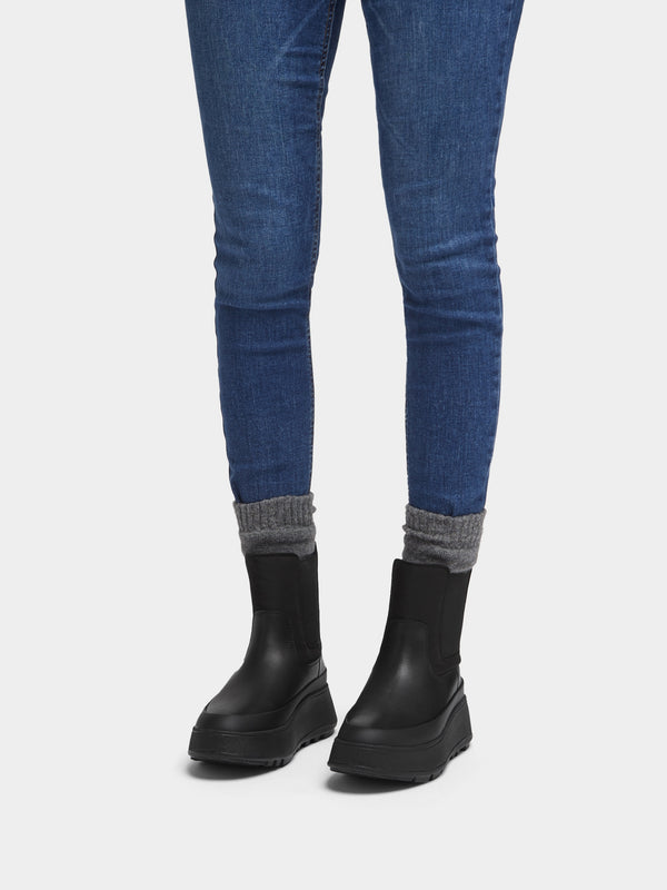 F-Mode Water-Resistant All Black Fabric & Leather Flatform Chelsea Boots