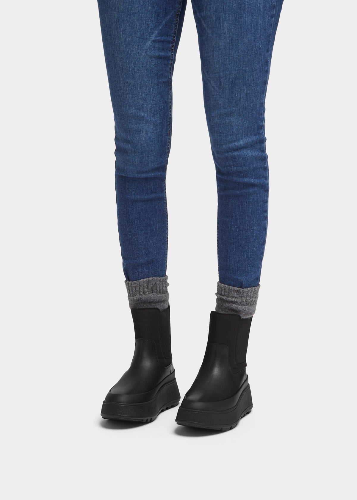 F-Mode Water-Resistant All Black Fabric & Leather Flatform Chelsea Boots