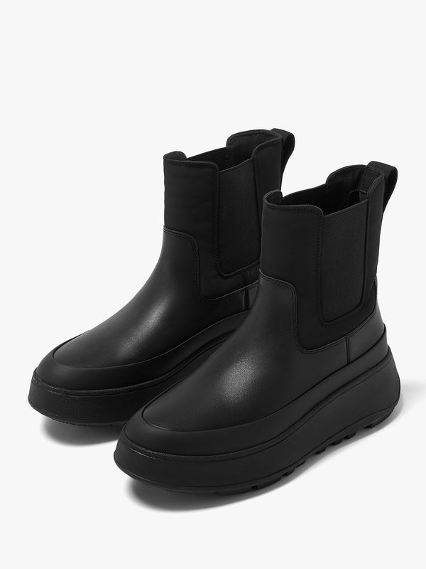 F-Mode Water-Resistant All Black Fabric & Leather Flatform Chelsea Boots