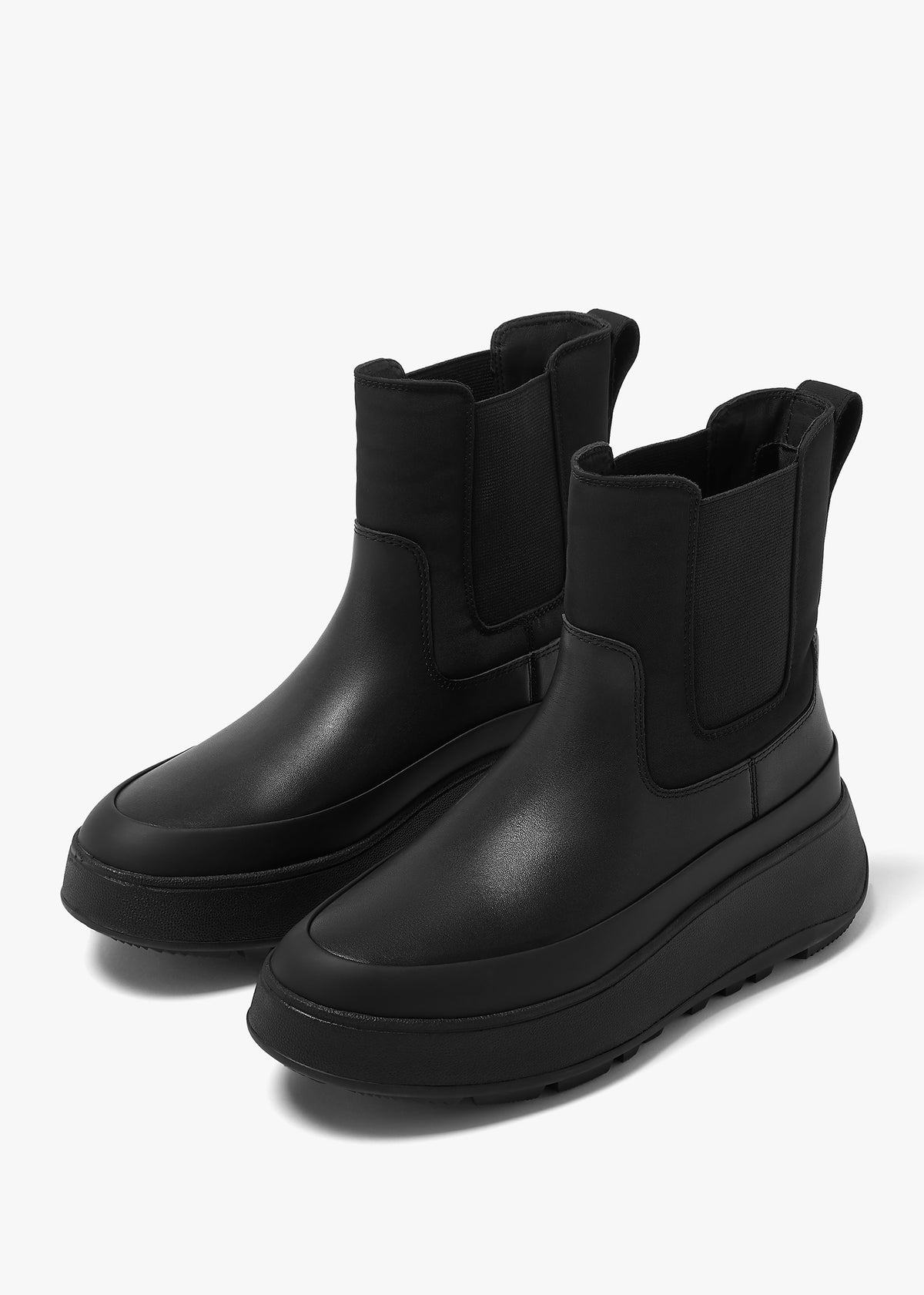 F-Mode Water-Resistant All Black Fabric & Leather Flatform Chelsea Boots