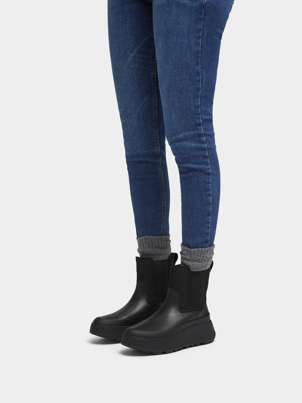 F-Mode Water-Resistant All Black Fabric & Leather Flatform Chelsea Boots