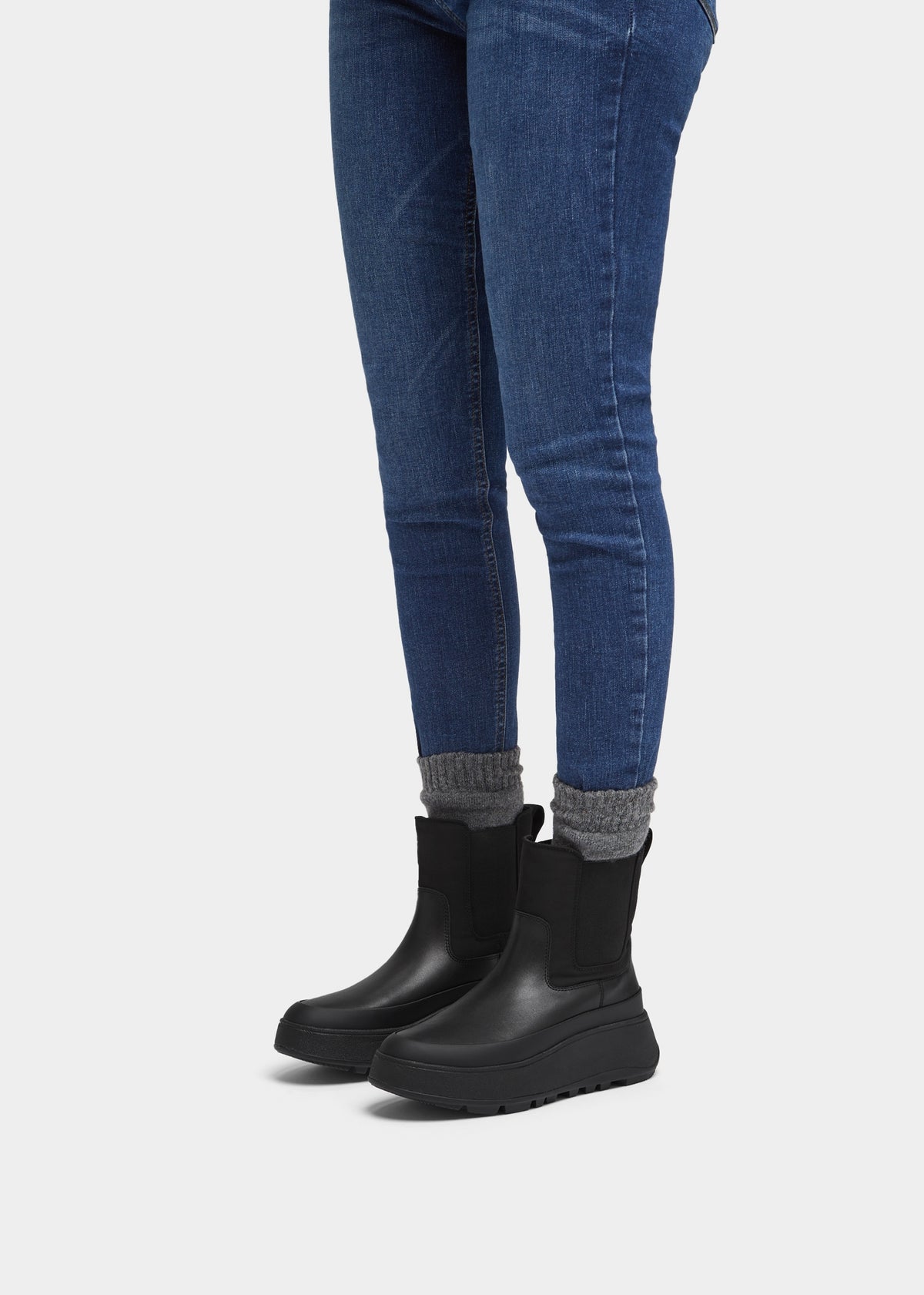 F-Mode Water-Resistant All Black Fabric & Leather Flatform Chelsea Boots