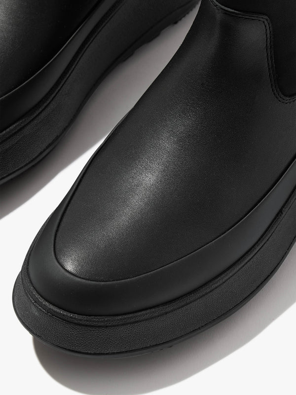 F-Mode Water-Resistant All Black Fabric & Leather Flatform Chelsea Boots
