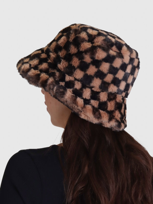 Checked Black Multi Faux Fur Bucket Hat