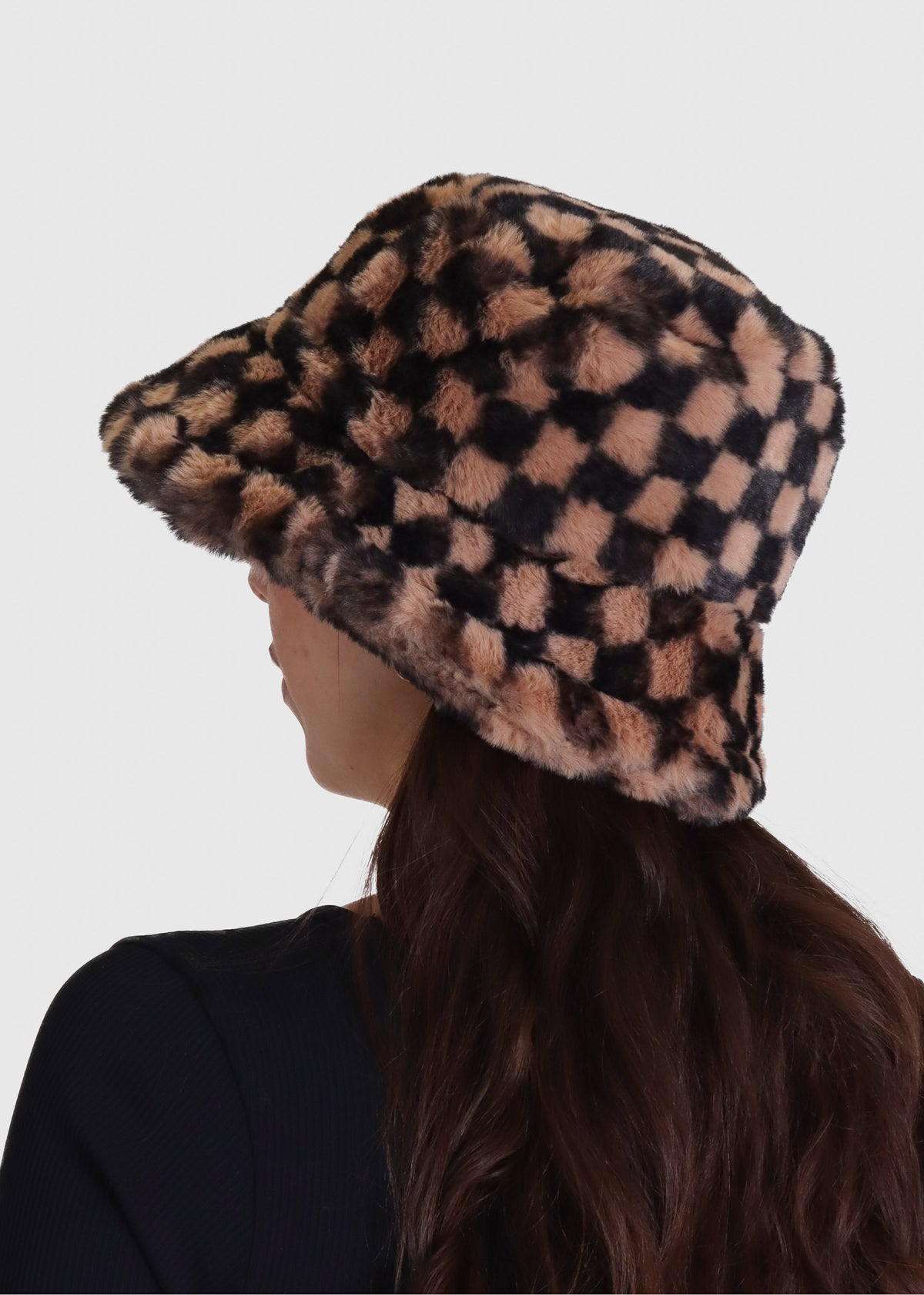 Checked Black Multi Faux Fur Bucket Hat