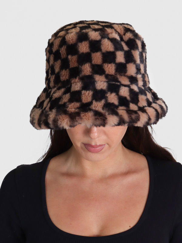Checked Black Multi Faux Fur Bucket Hat