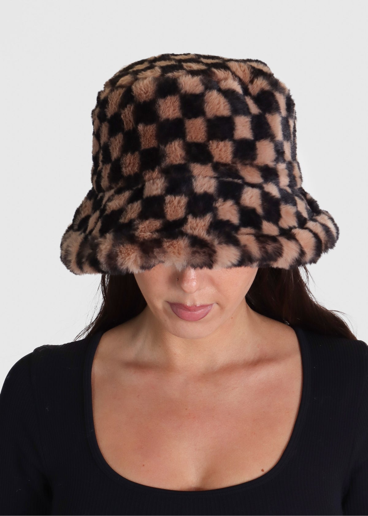 Checked Black Multi Faux Fur Bucket Hat