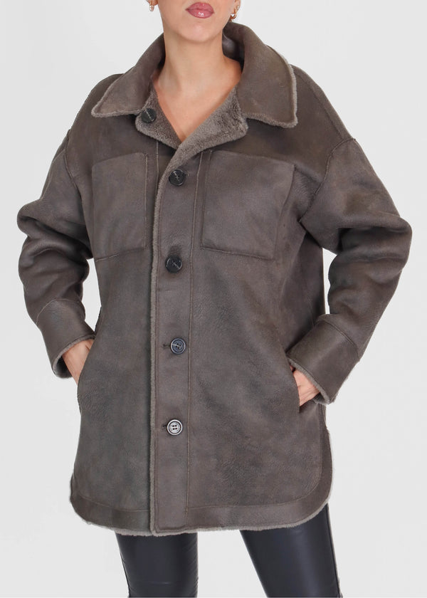 Flag Reversible Teddy Grey Shacket