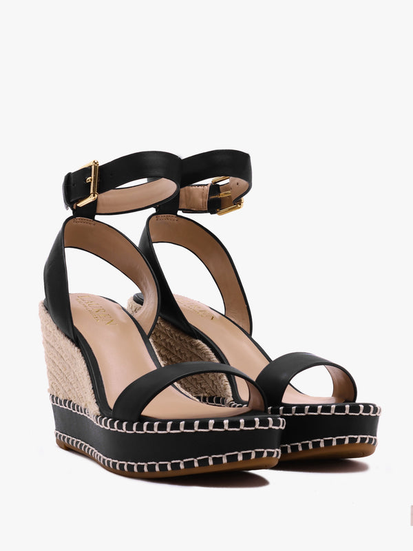 Hilarie Black Leather Wedge Espadrilles