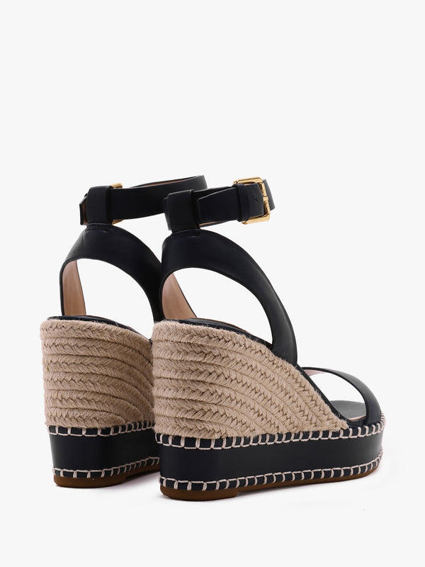 Hilarie Black Leather Wedge Espadrilles