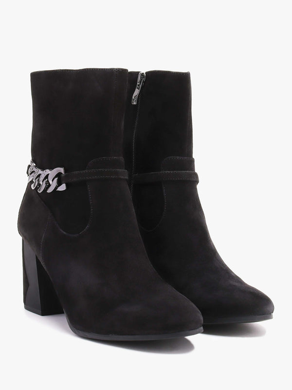Black Suede Chain Detail Block Heel Ankle Boots