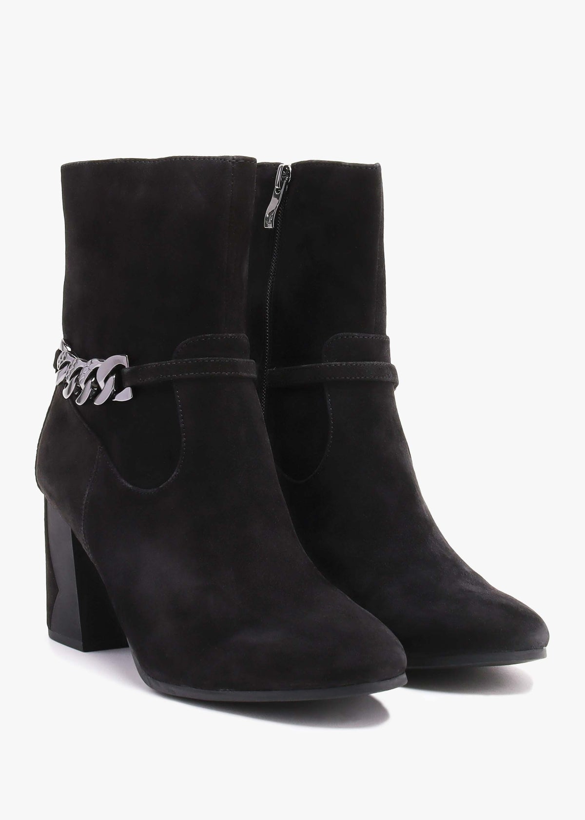 Black Suede Chain Detail Block Heel Ankle Boots