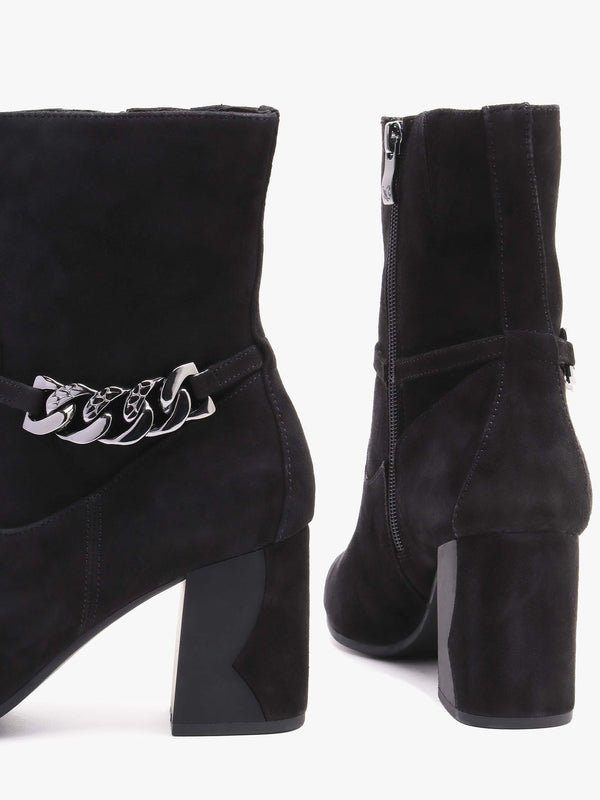 Black Suede Chain Detail Block Heel Ankle Boots