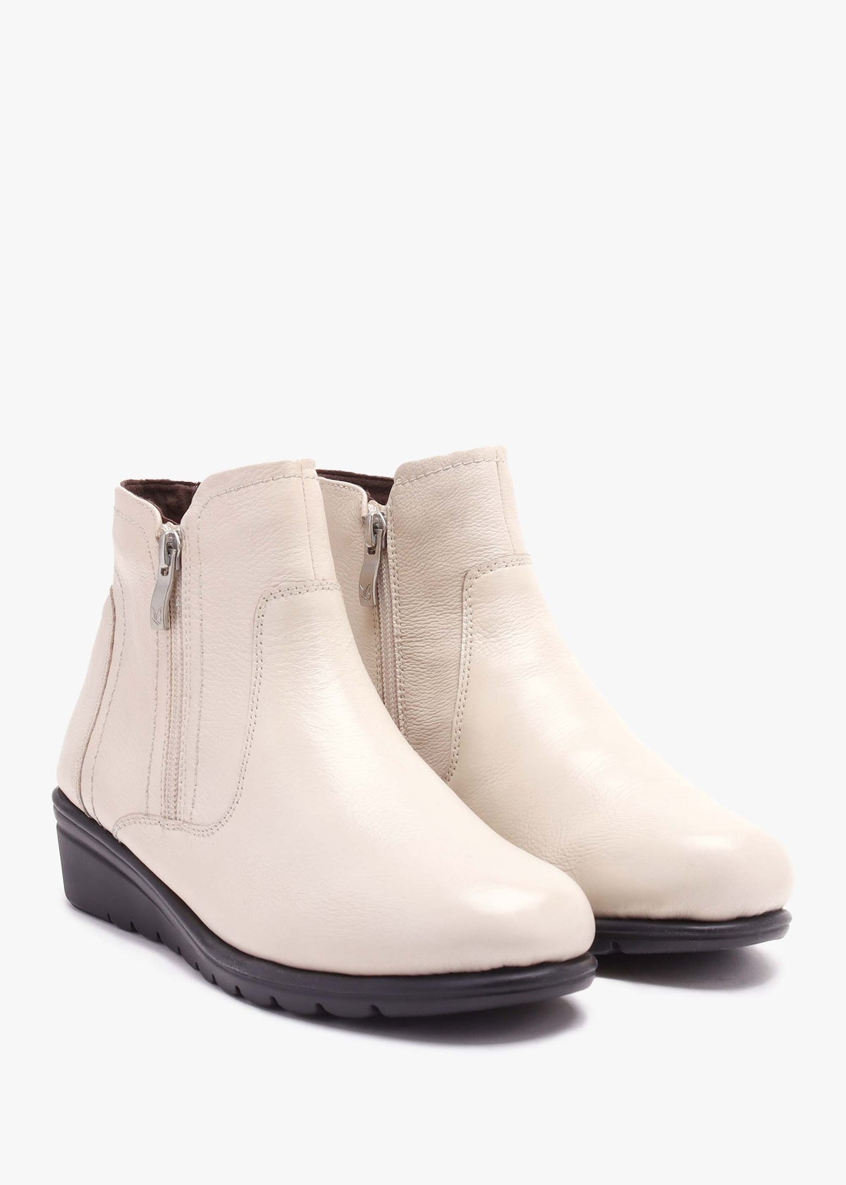 Beige Patent Leather Low Wedge Ankle Boots