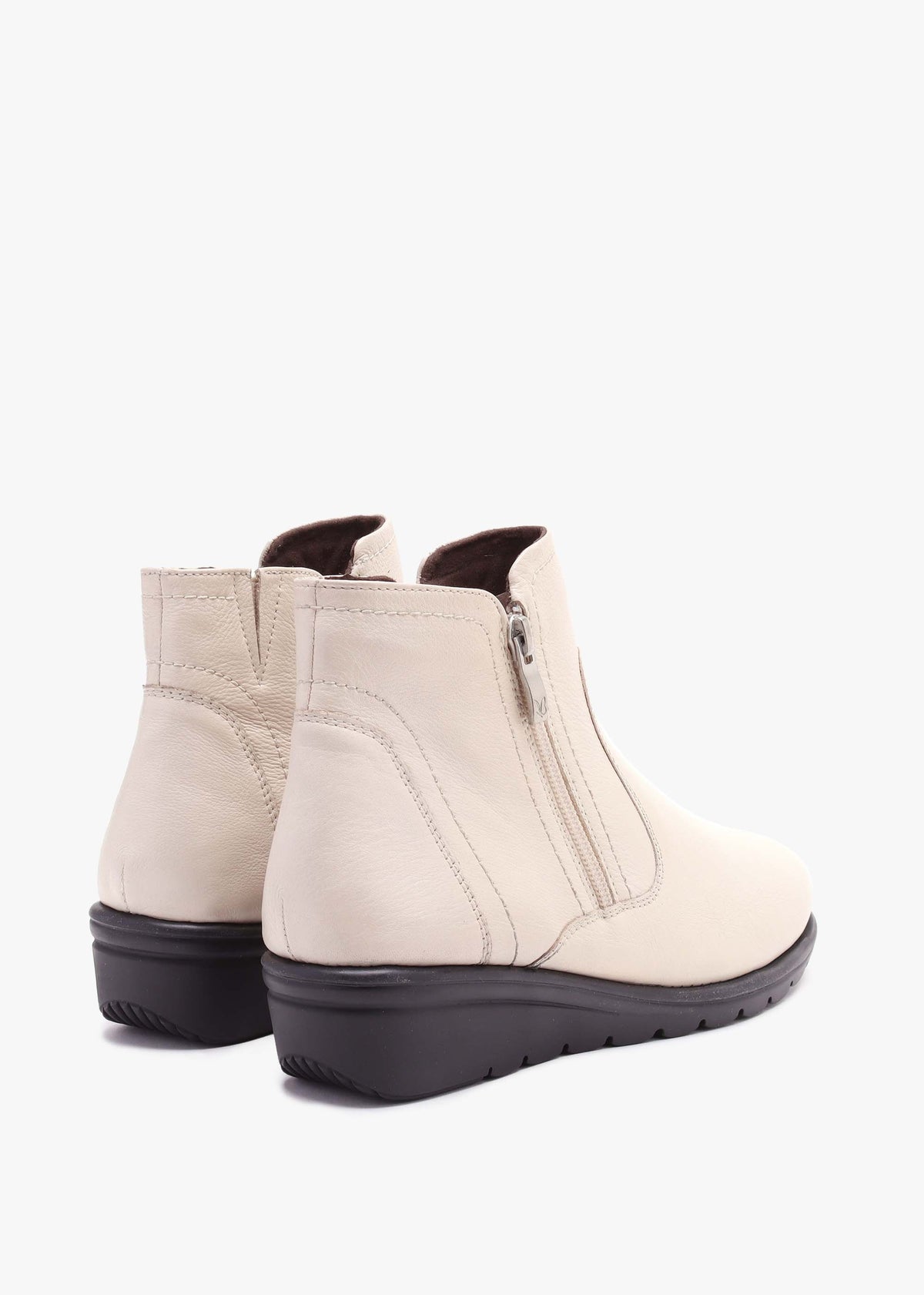 Beige Patent Leather Low Wedge Ankle Boots
