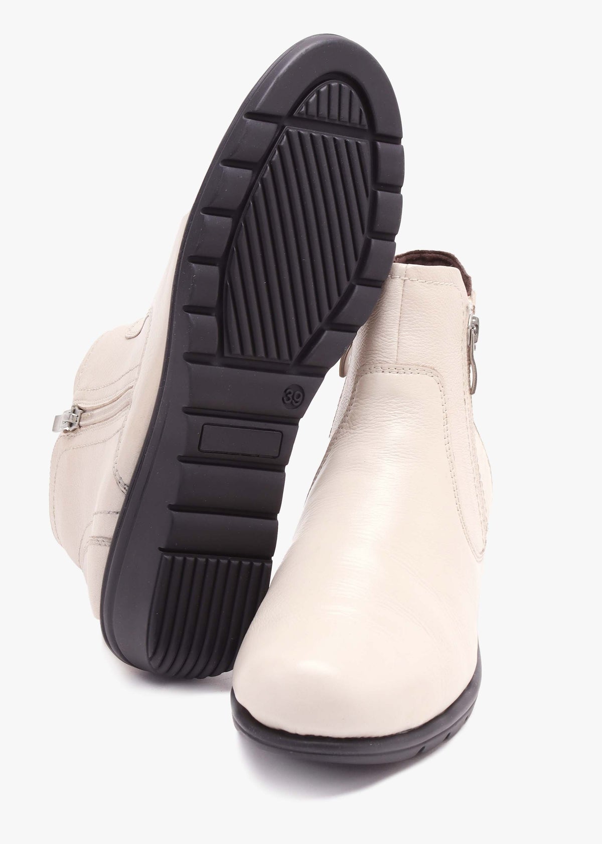 Beige Patent Leather Low Wedge Ankle Boots