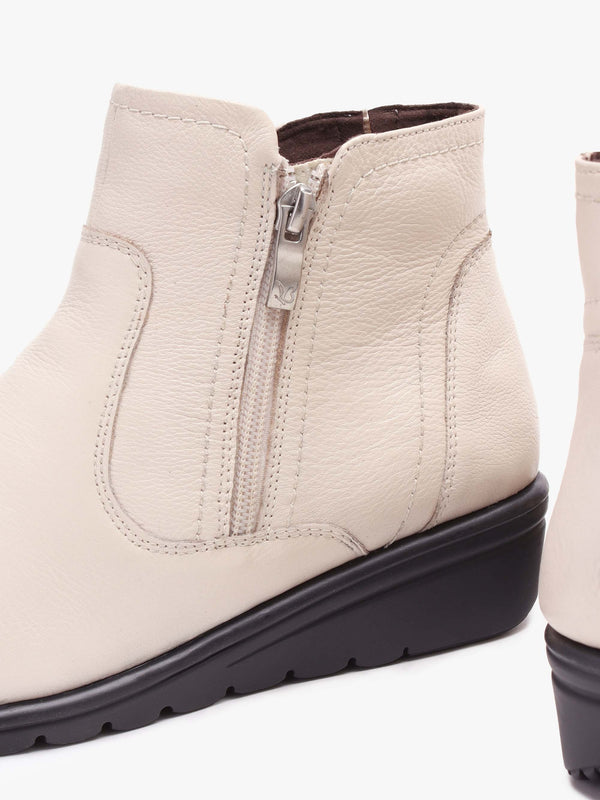 Beige Patent Leather Low Wedge Ankle Boots