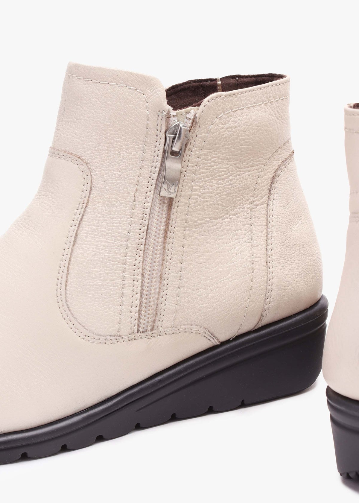 Beige Patent Leather Low Wedge Ankle Boots