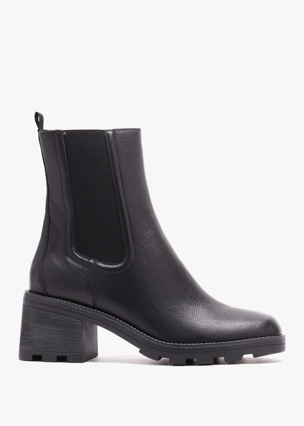 Black Pebbled Leather Block Heel Chelsea Boots