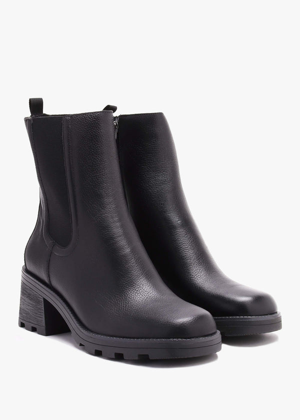 Black Pebbled Leather Block Heel Chelsea Boots