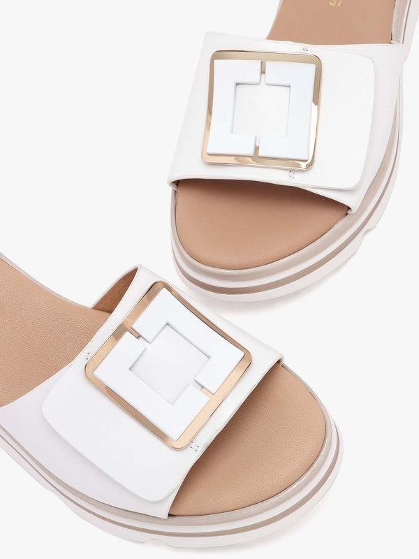 Rebuck White Leather Buckle Detail Mules