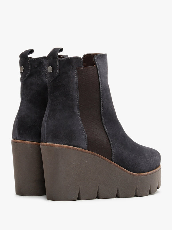 Alpaca Navy Suede Wedge Ankle Boots