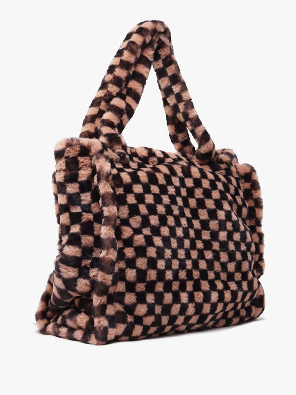 Large Checked Black & Tan Faux Fur Shopper Bag