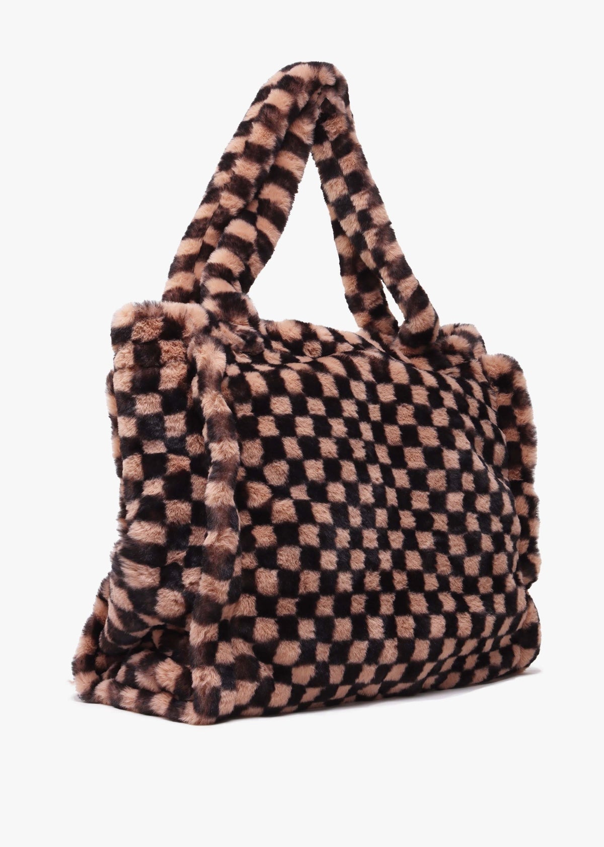 Large Checked Black & Tan Faux Fur Shopper Bag