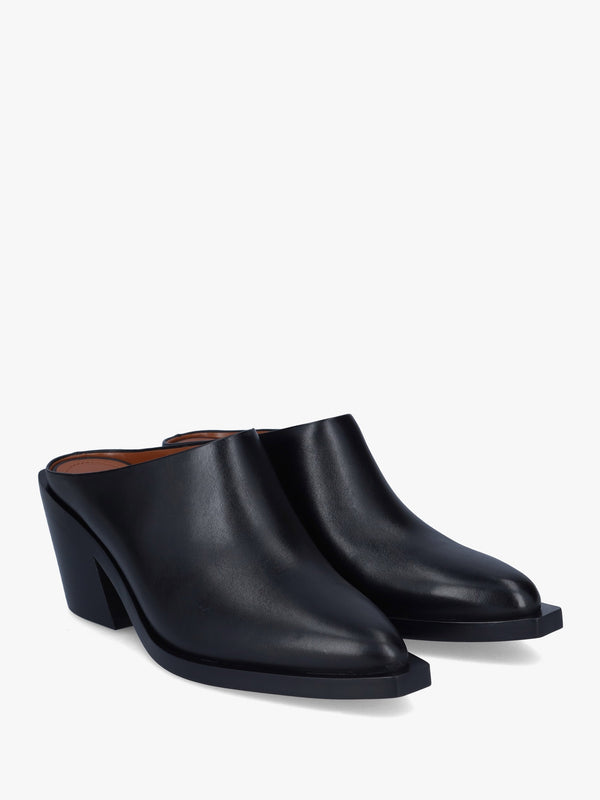Paloma Black Leather Western Block Heel Backless Mules