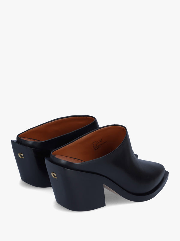 Paloma Black Leather Western Block Heel Backless Mules