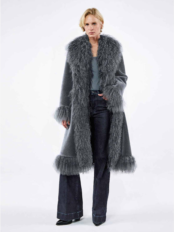 Donna Slate Mongolian Lambswool Long-Line Afghan Coat