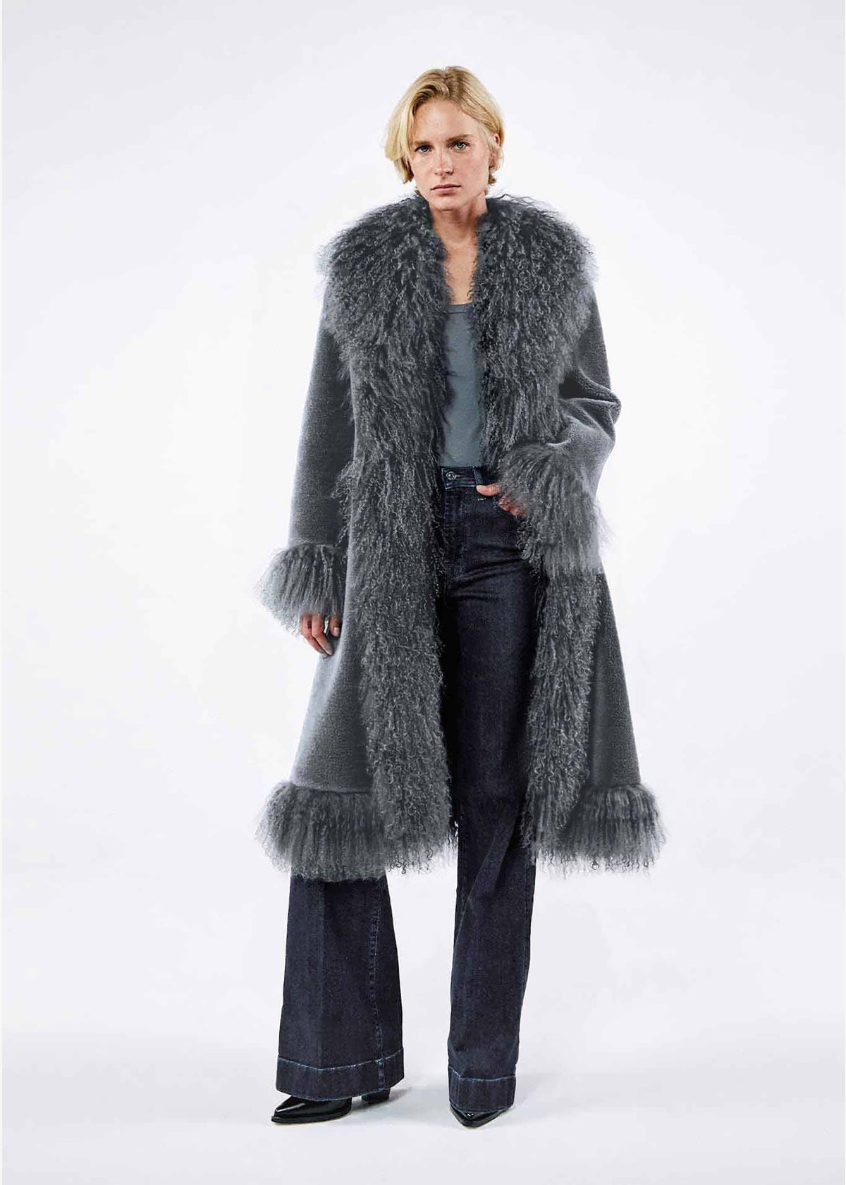 Donna Slate Mongolian Lambswool Long-Line Afghan Coat