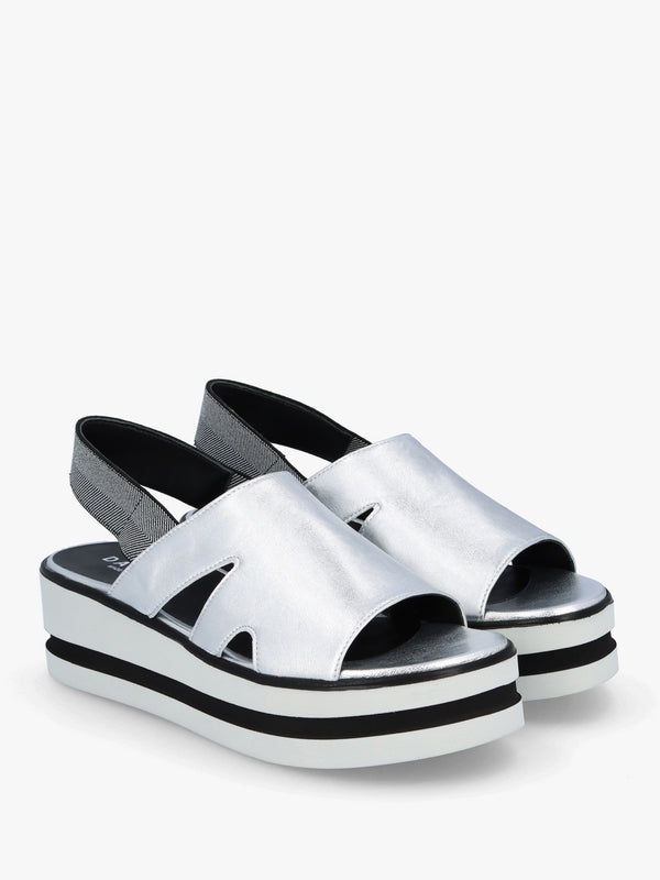 Slinger Silver Leather Low Wedge Sandals